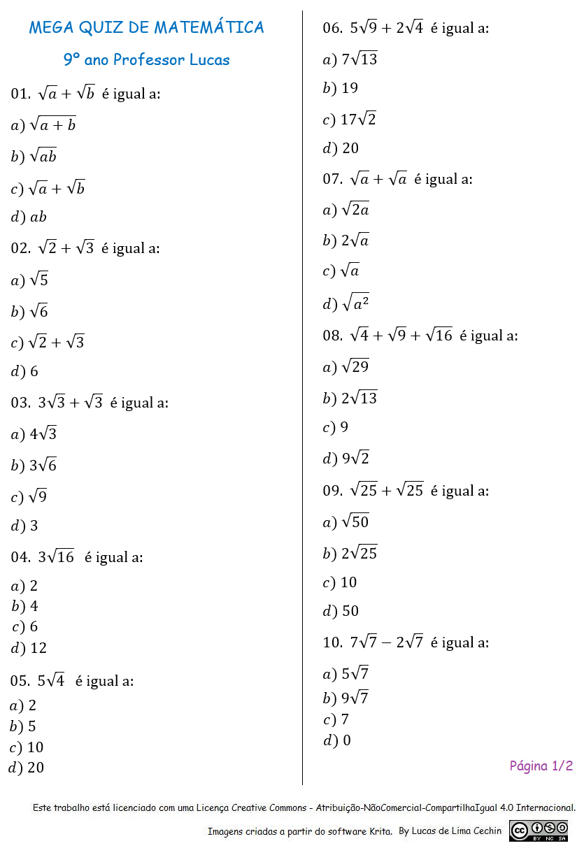 Quiz de matemática - 7° ano 01